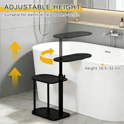 3-Tier Freestanding Bathtub Tray Table, Bamboo Swivel Bathtub Side Table with Height Adjustable Design, Standing Bath Tray for Tub Against Wall, Bathroom Organizer for Luxury Home Spa (Black) - color: Black
