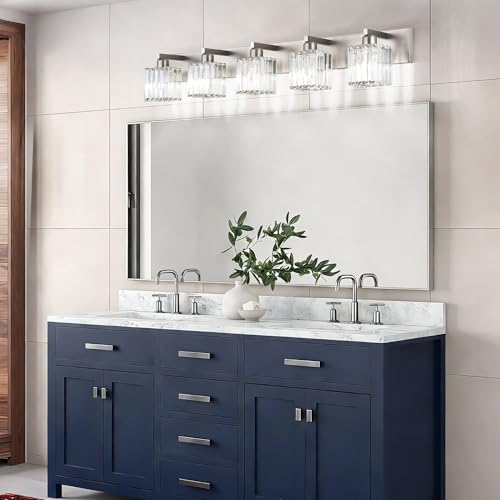 Aipsun Brushed Nickel Bathroom Lighting Fixtures 5 Light Vanity Light Crystal Modern Bathroom Vanity Light (Exclude Bulb) - color: Brushed Nickel, size: 40 inch