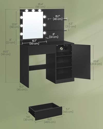 VASAGLE Kailyn Collection - Vanity Desk with Power Outlets and LED Lights, 35.4-Inch Wide Makeup Table with Mirror, Drawer and Cabinet, for Bedroom, Ink Black URDT128C01S - style: 35.4"W 1 Drawer 1 Cabinet Vanity Desk - Ink Black