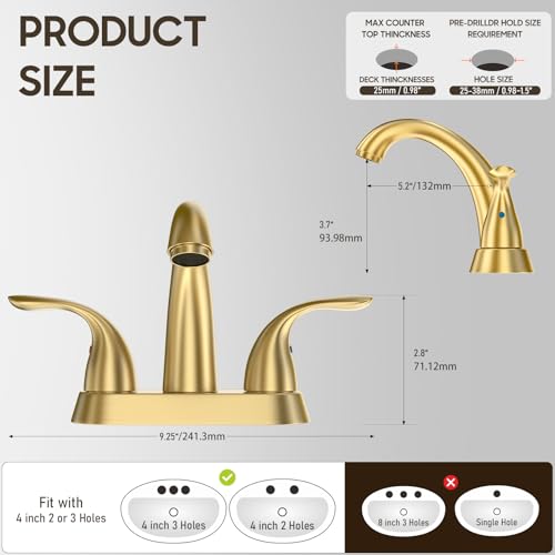 Brushed Gold 4 Inch Centerset 2 or 3 Holes 2 Handle Bathroom Faucet, Bathroom Faucet with Copper Pop Up Drain and Water Supply Lines, BF008-5-BG - color: Brushed Gold, style: 1 Pack