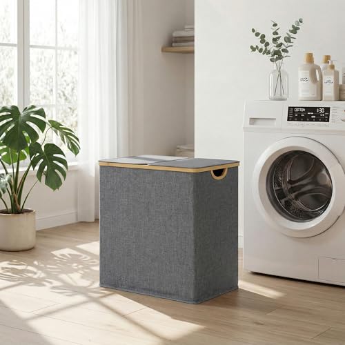 efluky Laundry Hamper with Lid, Double Laundry Basket with 2 Removable Bags, 2 Section Laundry Bin with Bamboo Handles for Bathroom, Bedroom & Laundry Room, 140L (36.9 Gallon) Blue Grey - color: Blue Grey, size: 140L Dual