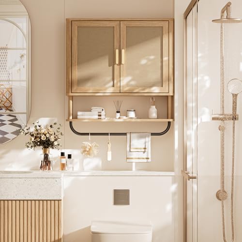 Rattan Bathroom Wall Cabinet with Towel Bar, Wall-Mounted Medicine Cabinet with Adjustable Wood Shelf & Doors, Over the Toilet Storage Cabinet for Laundry Room & Kitchen & Living Room - color: Rubberwood