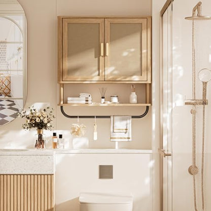 Rattan Bathroom Wall Cabinet with Towel Bar, Wall-Mounted Medicine Cabinet with Adjustable Wood Shelf & Doors, Over the Toilet Storage Cabinet for Laundry Room & Kitchen & Living Room - color: Rubberwood