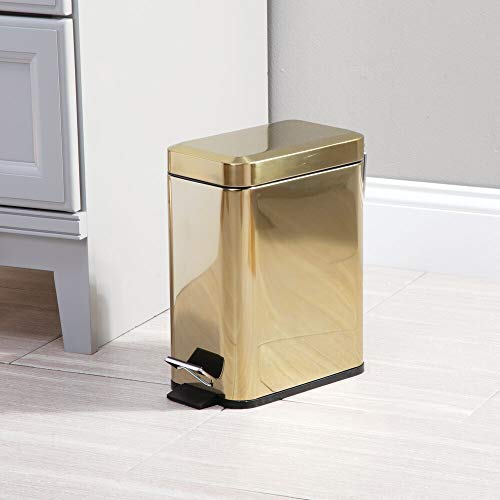 mDesign Small Modern 1.3 Gallon Rectangle Metal Lidded Step Trash Can, Compact Garbage Bin with Removable Liner Bucket and Handle for Bathroom, Kitchen, Craft Room, Office, Garage - Soft Brass - color: Soft Brass, size: 1.3 Gallon