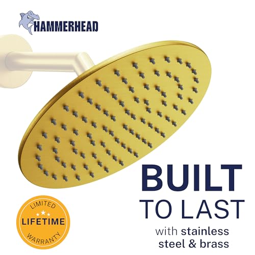 HammerHead Showers Solid Metal Round 8 Inch Rainfall Shower Head, High Flow Shower Head Optimized for Pressure, Brushed Gold, 1.75 GPM - color: Brushed Gold, size: 1.75 GPM