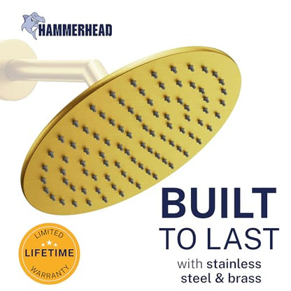 HammerHead Showers Solid Metal Round 8 Inch Rainfall Shower Head, High Flow Shower Head Optimized for Pressure, Brushed Gold, 1.75 GPM - color: Brushed Gold, size: 1.75 GPM