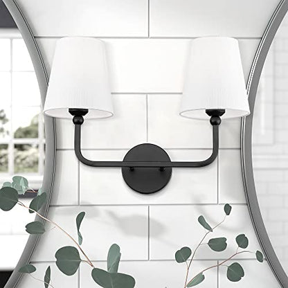 2-Light Matte Black Bathroom Vanity Light, White Fabric Shades | 17" double wall sconce, upward only, E26 base, hardwired, bulbs not included, VL837-MB-2 - color: Matte Black, size: 2-light