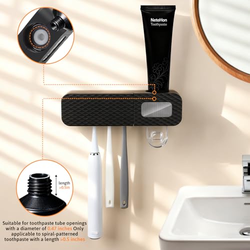 Smart Wall-Mounted Toothbrush Holder for Bathroom Black Toothbrush Storage Organizer with 3 Slots Toothbrush Holders with Toothpaste Dispenser for Drying Function