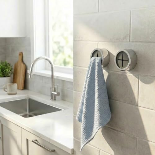 Round Adhesive Push Towel Hooks for Kitchen & Bathroom, Grey, 2 Pack – Self Adhesive Wall Hooks for Hand & Dish Towels, No Drill or Screw Mount Options