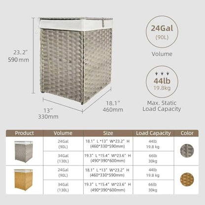 Wicker Laundry Hamper with Lid,24Gal (90 L) Rattan Laundry Basket 2 Sections with Lid, Removable Machine Washable Line, Large Clothes Hamper with Handles for Bathroom Bedroom, Gray - color: Gray, size: 90L