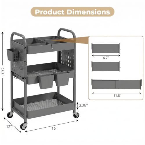 3 Tier Rolling Cart with Retractable Dividers, Multi-Functional White Rolling Utility Cart with Pegboards, Hooks & Hanging Cups for Nursery, Living Room, Studio - color: Gray