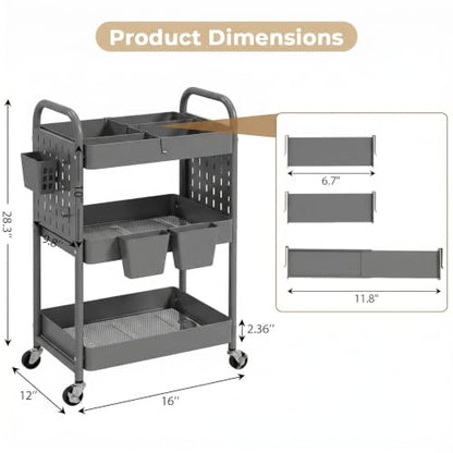 3 Tier Rolling Cart with Retractable Dividers, Multi-Functional White Rolling Utility Cart with Pegboards, Hooks & Hanging Cups for Nursery, Living Room, Studio - color: Gray