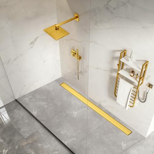 Linear Shower Drain - 48 Inch Brushed Gold, with Tile Insert Panels | AISI 304 Stainless Steel Shower Drain with Adjustable Feet, Hair Catcher, Rectangle Shower Floor Drain Fits Bathroom, Balcony - color: Brushed Gold, size: 48 Inch
