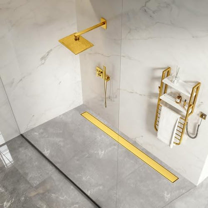 Linear Shower Drain - 60 Inch Brushed Gold, with Tile Insert Panels | AISI 304 Stainless Steel Shower Drain with Adjustable Feet, Hair Catcher, Rectangle Shower Floor Drain Fits Bathroom, Balcony - color: Brushed Gold, size: 60 Inch