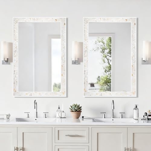 White Bathroom Mirrors for Wall 26x40 Inch | Mosaic Frame Rectangle Mirror with Tempered Glass for Bathroom, Bedroom or Entryway - size: 40"L x 26"W