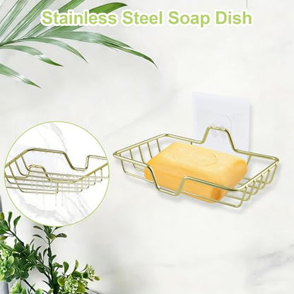 1Pack Soap Dish, Self Draining Stainless Steel Soap Dish Holder Tray Wall Mount Sponge Holder Caddy Rack for Bathroom & Kitchen(Gold) - color: Gold Adhesive-1pcs, size: 1 Layer