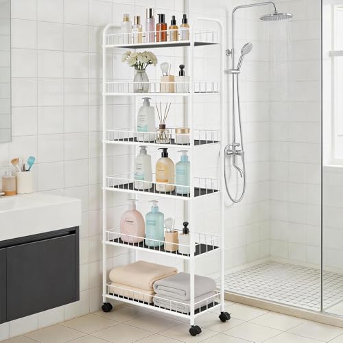 10in Slim Storage Cart, Metal 6-Tier Narrow Rolling Shelf, Sturdy Slim Storage with Hooks Ideal for Kitchen, Bathroom, and Laundry Room (10in White) - size: 10in White