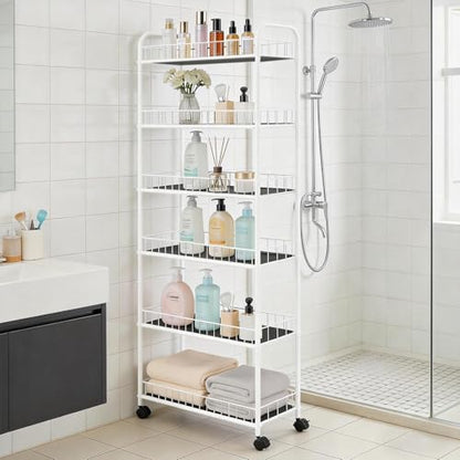 10in Slim Storage Cart, Metal 6-Tier Narrow Rolling Shelf, Sturdy Slim Storage with Hooks Ideal for Kitchen, Bathroom, and Laundry Room (10in White) - size: 10in White