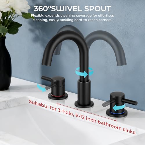 FGKQ 3-Hole 2-Handle Widespread Bathroom Sink Faucet, Matte Black | Stainless steel, pop-up drain included, 360°swivel spout, for vanity sink 3-hole mount, 8-in widespread - color: 1-Black