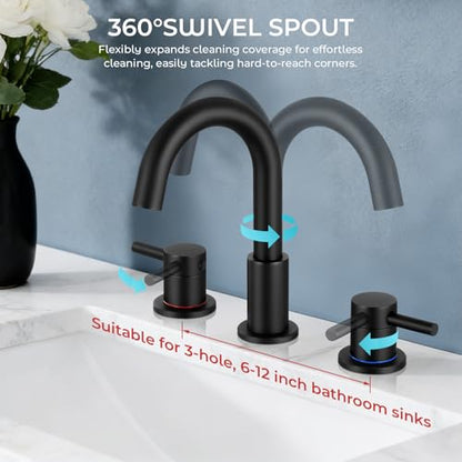 FGKQ 3-Hole 2-Handle Widespread Bathroom Sink Faucet, Matte Black | Stainless steel, pop-up drain included, 360°swivel spout, for vanity sink 3-hole mount, 8-in widespread - color: 1-Black