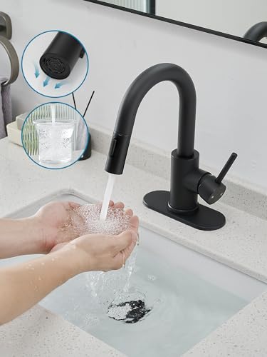 Black Bathroom Sink Faucet with Pull Out Sprayer for Sink 1 Hole,Bar Sink Faucet with Pop-Up Drain,Stainless Steel Single Handle Kitchen Faucet 360°Swivel Bathroom Faucets for Two Water Outlet Modes - color: Black, style: Pull-out