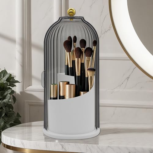 Makeup Brush Holder with Lid Cosmetic Tools Organizer 360 Rotating Waterproof Dustproof Make Up Brushes Storage for Vanity Bathroom Countertop - color: Black