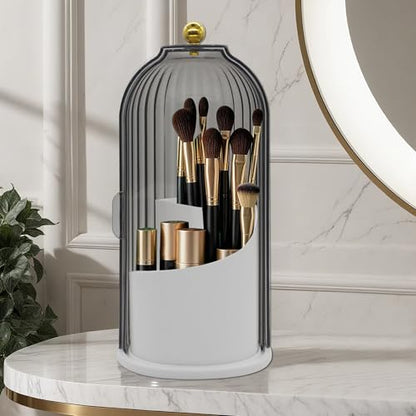 Makeup Brush Holder with Lid Cosmetic Tools Organizer 360 Rotating Waterproof Dustproof Make Up Brushes Storage for Vanity Bathroom Countertop - color: Black