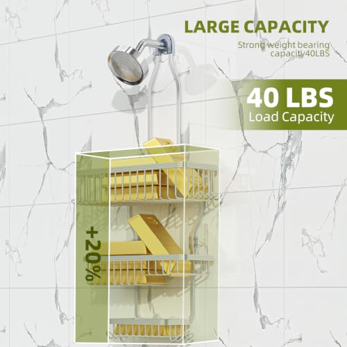 Simple Trending Shower Caddy Hanging, Shower Organizer with Large Capacity | Rustproof Shower Shelves with Hooks for Inside Shower, No Drilling Over Showerhead, Suction & Adhesive Install, Silver
