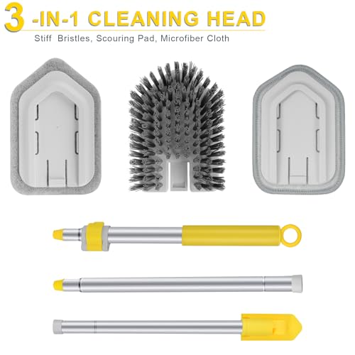 Lalafancy Baseboard Cleaner Tool with Handle 3 Reusable Cleaning Brush Pads | 52" Shower Wall Cleaner Scrubber Baseboard Duster for Bathroom Wall Floor Skirting Bathtub Window Scrubbing