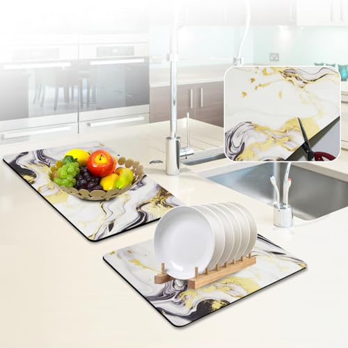 Sofort Dish Drying Mat, Super Absorbent Dish Drying Pad | Non-slip backing, Gold Black Marble, For Kitchen Counter, Coffee Maker, Dish Rack, 16 x 24 Inches