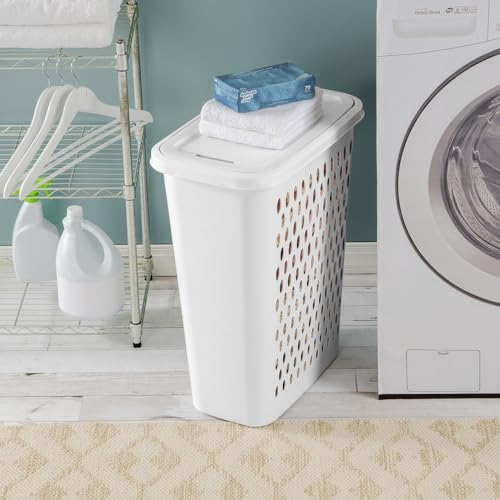 Sterilite Slim Laundry Hamper with Lid, Tall Plastic Hamper for Collecting Dirty Clothes or Sorting Clean Clothes, White, 4-Pack
