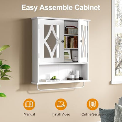 RoyalCraft Bathroom Wall Cabinet with Mirror, Over the Toilet Storage Cabinet with Towel Rack and Adjustable Shelf, Large Bathroom Medicine Cabinet Wall Mount 22x25 inch (White) - color: White