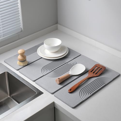 Foldable Stone Dish Drying Mat for Kitchen Counter, Diatomaceous Earth Drying Mat with Non-Slip Backing, Heat Resistant Multifunctional Mat for Kitchen & Bathroom, Instant water absorption-(24"×16") - color: Light Gray