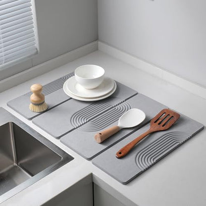 Foldable Stone Dish Drying Mat for Kitchen Counter, Diatomaceous Earth Drying Mat with Non-Slip Backing, Heat Resistant Multifunctional Mat for Kitchen & Bathroom, Instant water absorption-(24"×16") - color: Light Gray