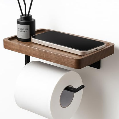 Toilet Paper Holder with Walnut Wood Shelf – Adhesive or Wall Mounted Bathroom Storage Organizer, Rustic Modern Wood and Metal Roll Rack for Small Spaces, RV, Guest Toilet