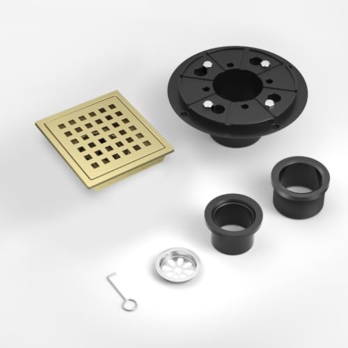 EXF Square Shower Drain 4-3/8 Inch Brushed Gold with ABS Flange | Stainless Steel, Anti-Clog, Removable Grid Grate and Hair Catcher, for Modern Bathroom Remodel Curbless Shower - color: Gold, size: 4IN