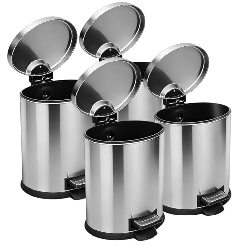 SIMPLYKLEEN Bathroom Trash Can with Lid - 4PC 1.3 Gallon/5L Oval Small Trash Can with Soft-Close Lid, Foot Pedal, Brushed Stainless Steel, Removable Liner, Garbage can for Kitchen, Office, Home Silver - color: Silver, size: 5L Oval 4PC