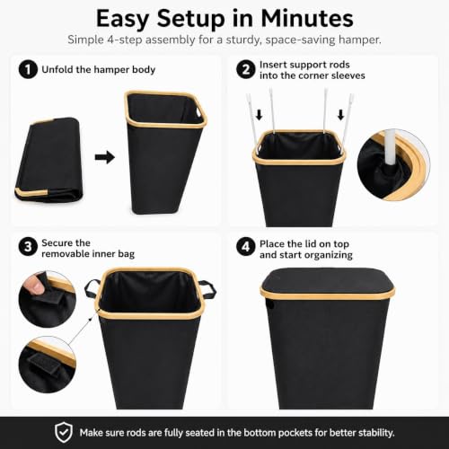 Slim Bamboo Laundry Hamper with Lid, Collapsible Clothes Hamper with Removable Inner Bag and Fiberglass Support Rods, Narrow Laundry Basket for Bedroom Bathroom Dorm, Black, 15.7 x 11.8 x 23.6 In