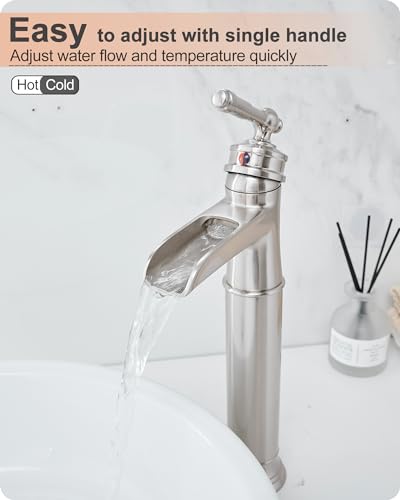 Vessel Sink Faucet Brushed Nickel, Brass Waterfall Bathroom Faucet Single Hole, Tall Bathroom Sink Faucet, Bathroom Faucets Single Handle with Pop-Up Drain Supply Hoses for Lavatory No Noise - color: Brushed Nickel - Classic