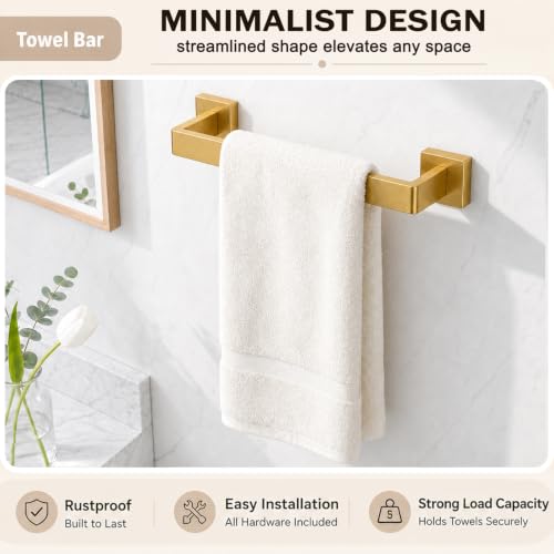 5-Piece Brushed Gold Bathroom Accessorys Stainless Steel Towel Bar Set | Square Wall Mounted Towel Rack with Toilet Paper Holder Towel Ring and Hook for Bathroom Outdoor Shower - color: Brushed Gold