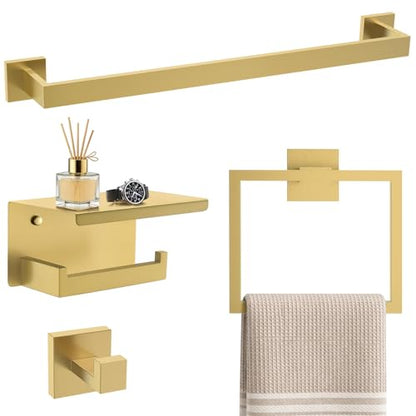 TURS Bathroom Hardware Set Brushed Gold 4-Piece Towel Bar Set Include 24 Inch Towel Bar Towel Ring Towel Hook Toilet Paper Holder with Shelf Wall Mounted. - color: Brushed Gold, size: Set C