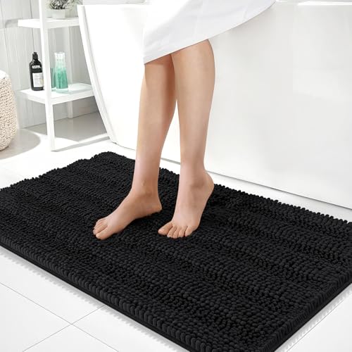 OLANLY Thick Large Bathroom Rugs 40x24, Soft Chenille Bath Rugs, Black | Absorbent Striped, Rubber Backing, Machine Wash Dry, Bath Mats for Bathroom Floor, Tub and Shower, Home Decor Accessories - color: Black, size: 40" X 24"