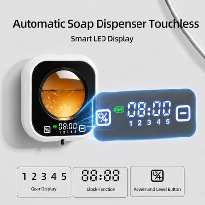 Automatic Soap Dispenser Touchless, Wall Mount, Rechargeable, Mood Lighting | 5 Adjustable Levels, IPX5 Waterproof, LED Clock, 320ML, Hand & Dish Soap for Bathroom Kitchen, White - color: White