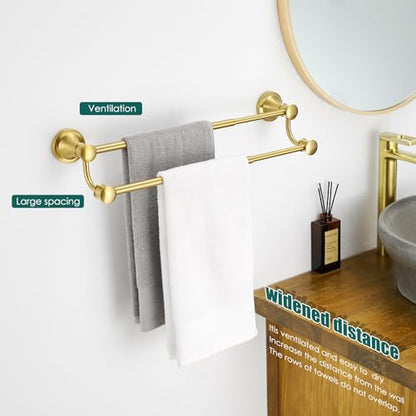 Hoimpro Double Towel Bar Towel Rack for Bathroom Wall Mounted Brushed Gold | Adjustable 16-26 In,Wall Mounted Towel Holder, Stainless Steel, Rustproof, Towel Rod Hanger Hardware Accessories Hotel - color: Brushed Gold