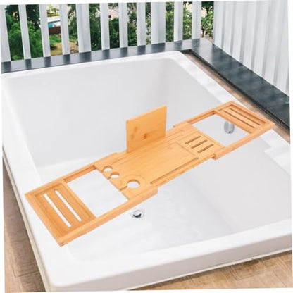 SOLUSTRE Expandable Bamboo Bathtub Tray Table for Bath Accessories Adjustable Bath Tub Organizer Soap Shampoo Wine Holders