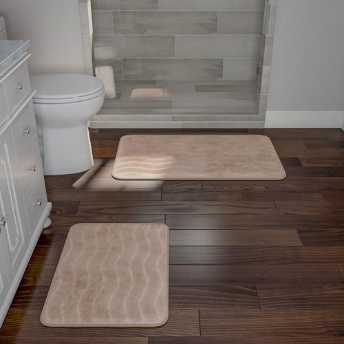 Lavish Home Bathroom Rug Set- 2-Piece Memory Foam Bath Mats-Wavy Microfiber Top-Non-Slip Absorbent Runner for Shower, Tub, Sink, or Kitchen (Taupe) - color: Taupe