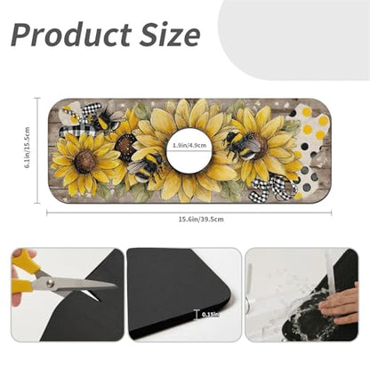 Kitchen Sink Splash Guard，Sunflower-with bumblebees Faucet Mat Sink Gadgets-Super Absorbent Fast Drying Mat Drip Catcher for Kitchen, Bathroom,Sink Mat, Dish Drying Mat, Bathroom(15" X 5.5" ) - color: Sunflower-with bumblebees
