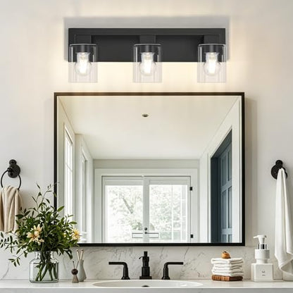21.6 Inch Bathroom Light Fixtures, with Clear Glass Shade | 3-Light Matte Black Bathroom Lighting Fixtures Over Mirror, Modern Wall Light, bathroom vanity light E26 Socket, ETL - color: Black, size: 3-Light