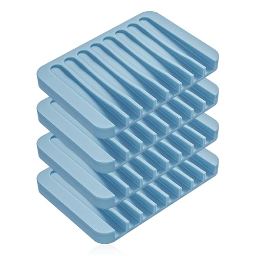 4-Pack Self Draining Soap Dish for Shower Bathroom Waterfall Silicone Soap Saver Tray Sponge Holder for Kitchen Sink Non-Slip Easy Clean (Light Blue) - color: Light Blue