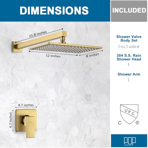 Shower Faucet Set Brushed Gold Bathroom Rainfall 12 Inch Shower Head and Handle Set Wall Mounted Shower System Single Function Shower Fixture, Include Shower Valve and Trim Kit - color: Brushed Gold, size: 12 Inch (Wall Mount)
